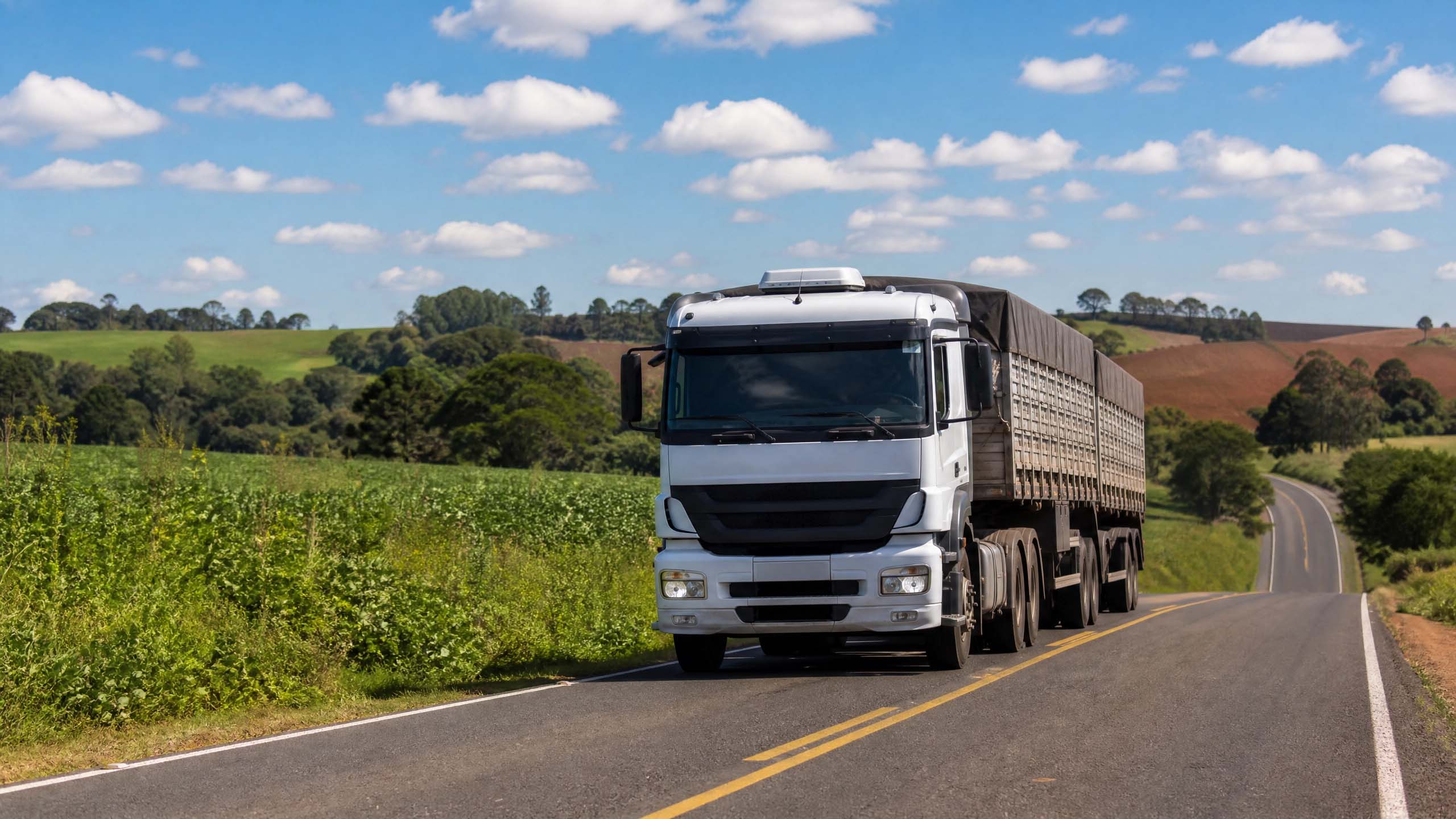 Caminhão de linha pesada em estrada do interior de São Paulo entre cidades vizinhas