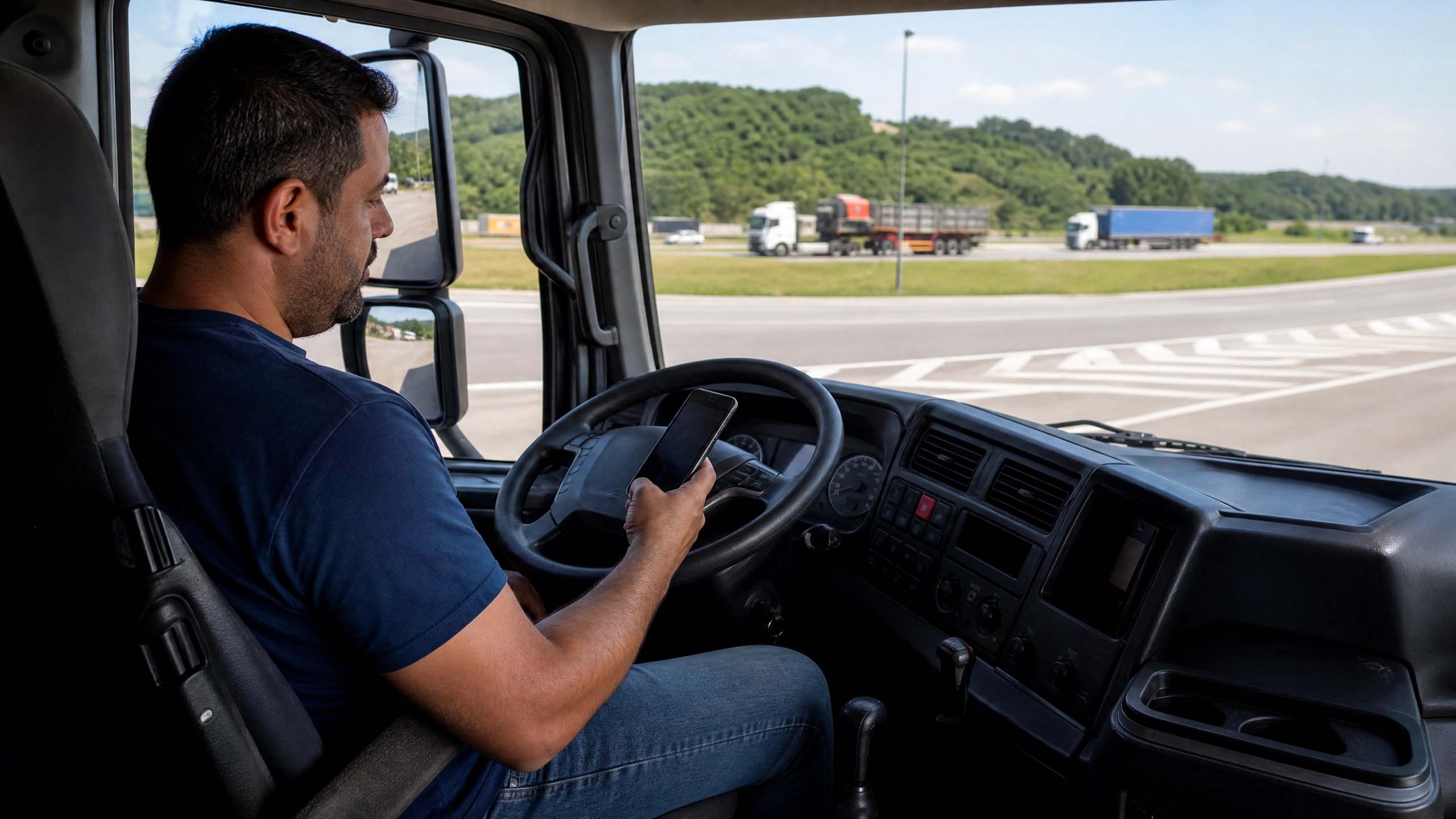 Motorista de caminhão consultando o celular em busca de fornecedor de peças próximo