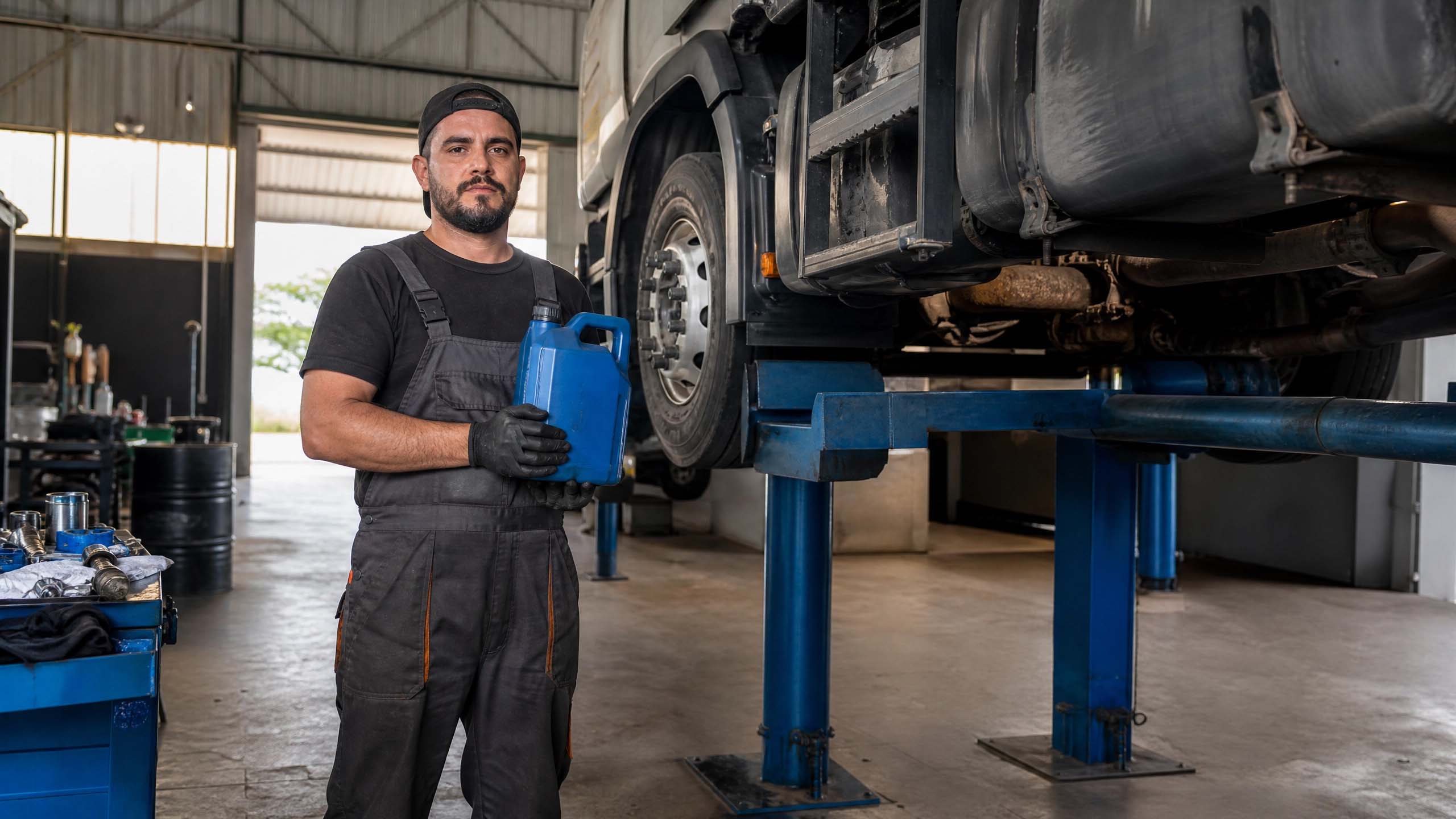 Mecânico segurando amostra de óleo de câmbio ao lado de um caminhão em oficina