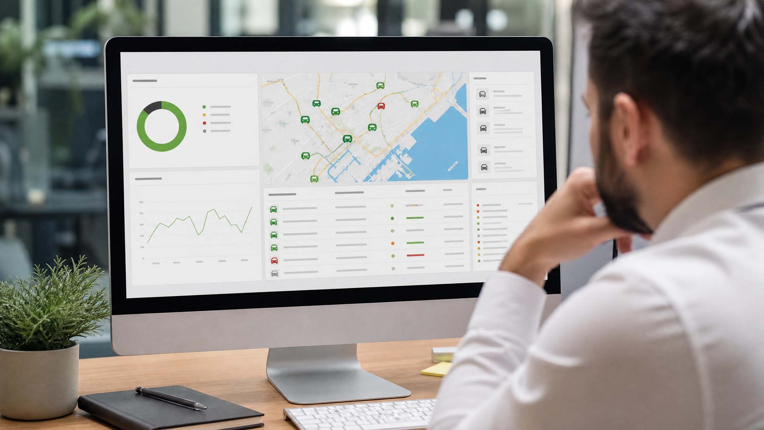 Painel de monitoramento de frota com dados de veículos em tela de computador