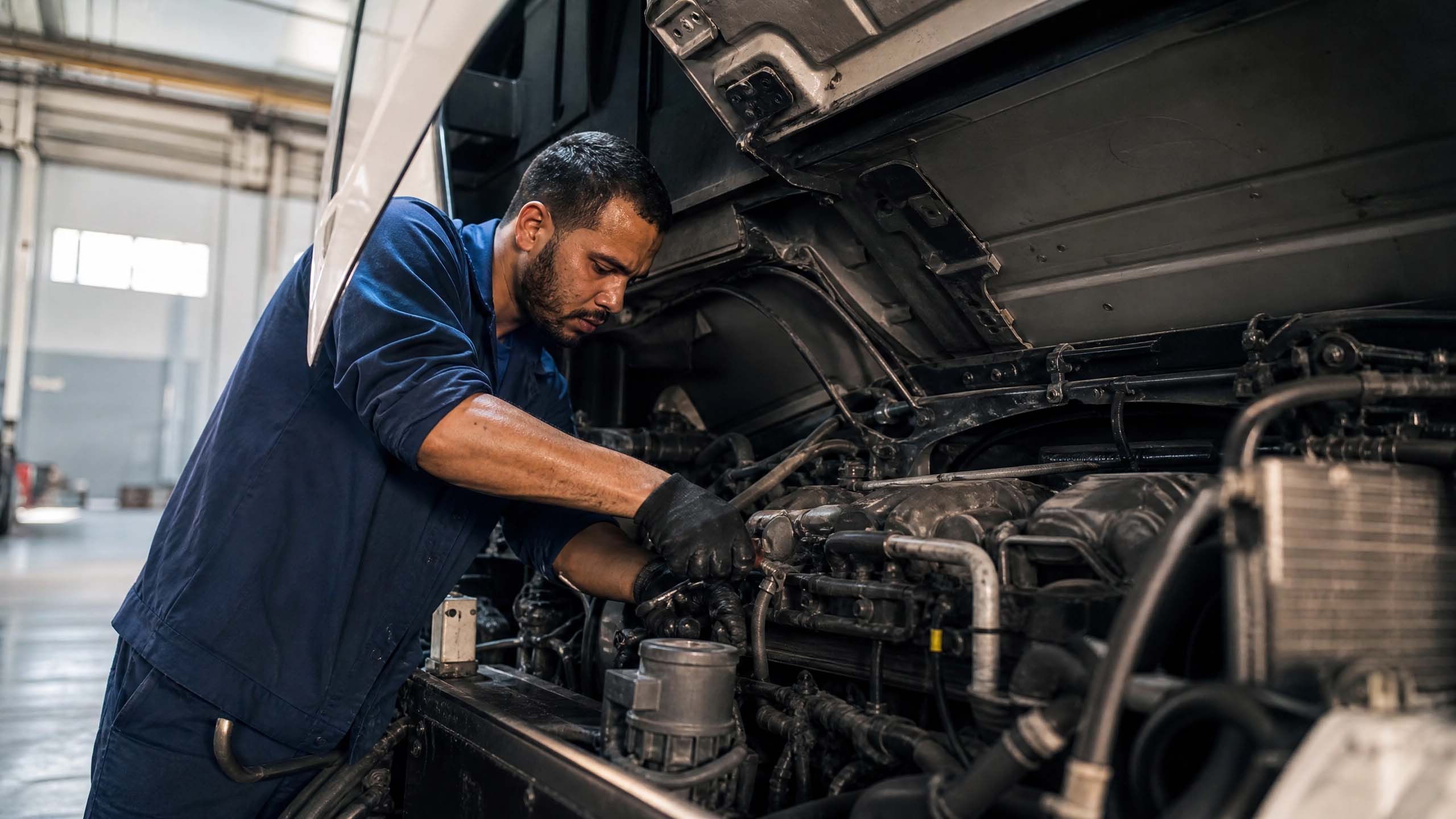 Mecânico realizando manutenção preventiva em caminhão Scania em oficina