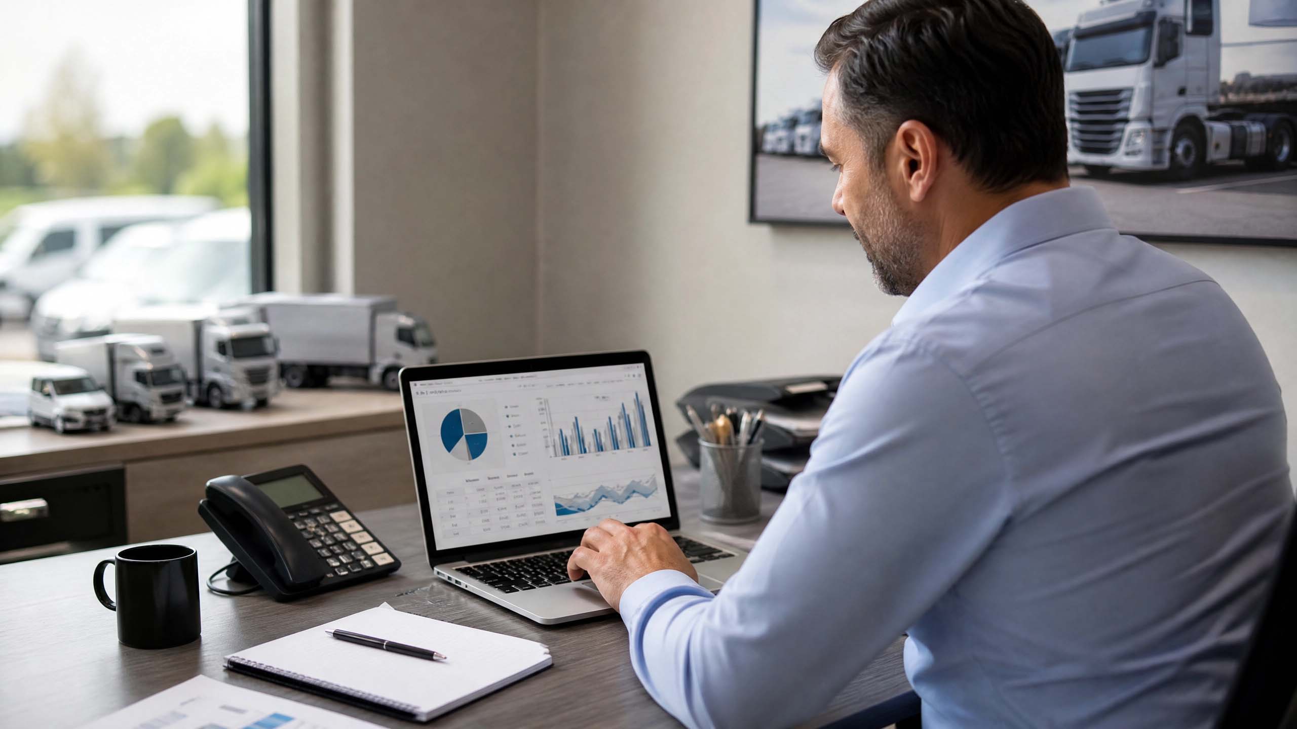 Gestor de frota analisando orçamento anual em notebook com gráficos financeiros
