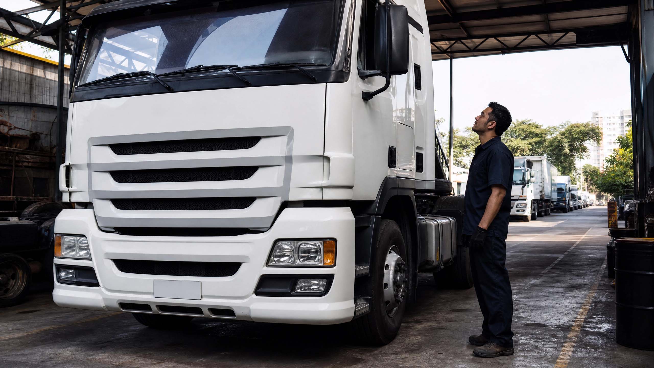 Caminhão Scania de linha pesada em pátio de manutenção com mecânico ao lado