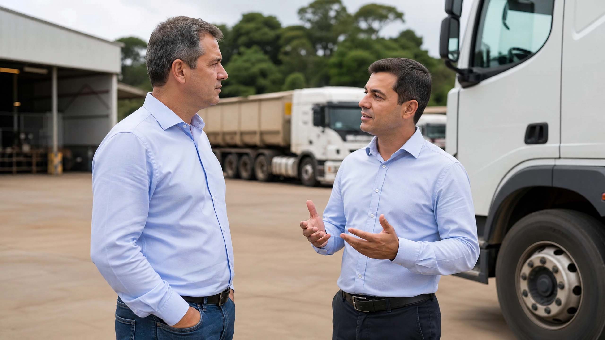 Gestor de transportadora conversando com fornecedor de peças em pátio de caminhões